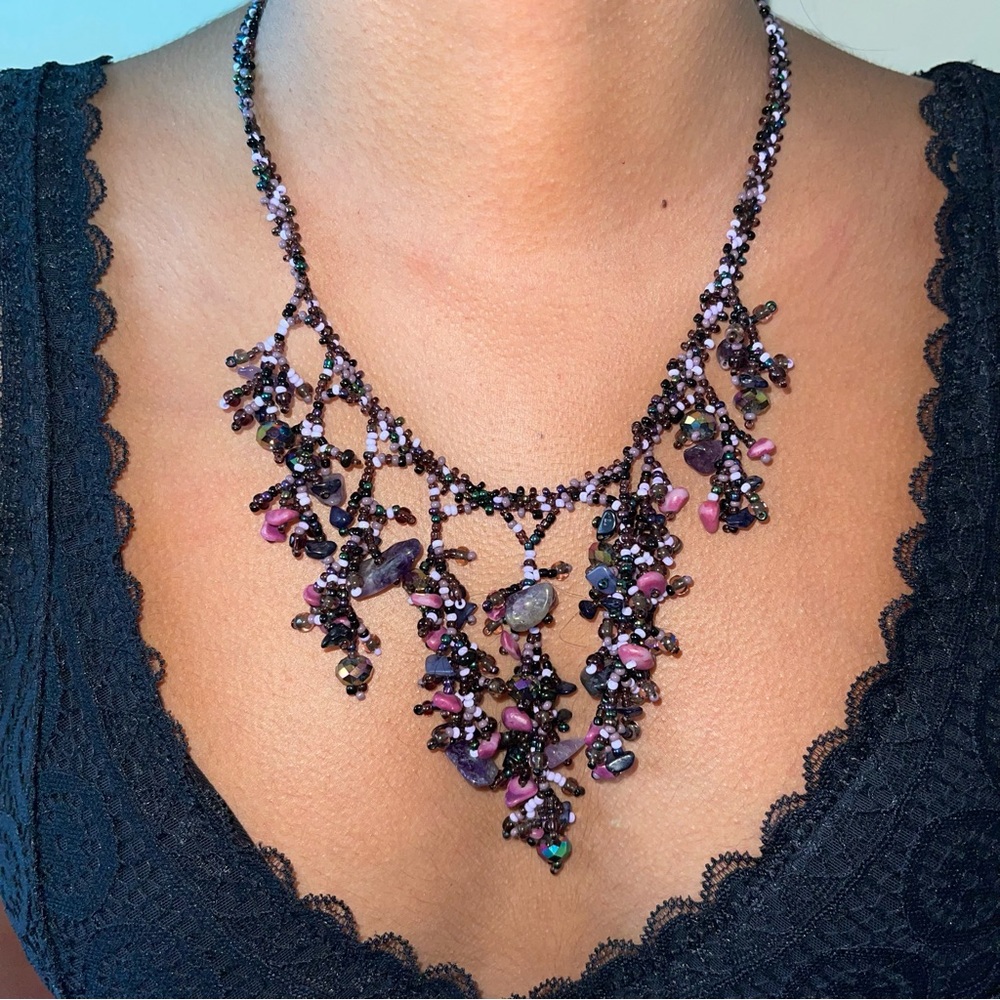 Hand Beaded Purple Guatemalan Necklace